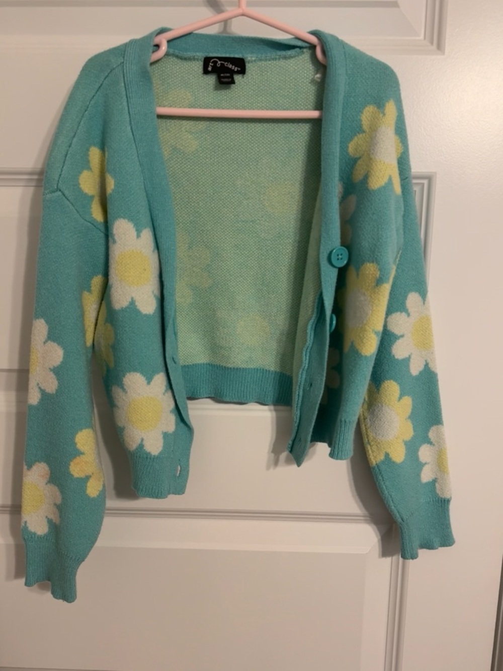 art class Aqua Floral Button-Front Cardigan with White and Yellow Daisies
